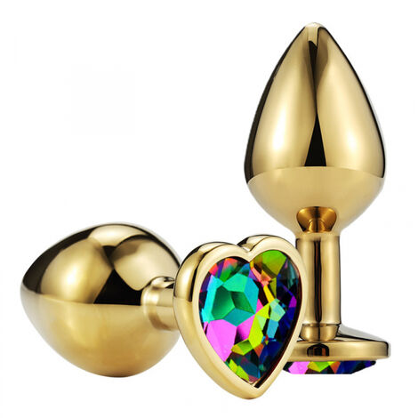 Анальная пробка золотая сердце с разноцветным кристаллом - M