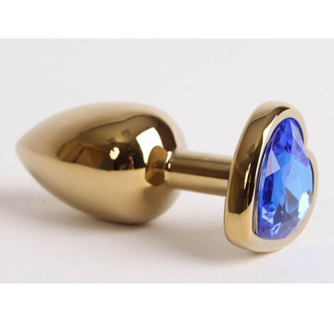 Анальная втулка Gold с синим кристаллом в форме сердечка, золотистая