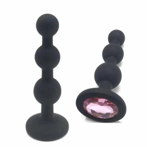 Анальная пробка с шариками с светло-розовым кристаллом, чёрная