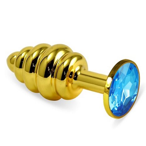 Анальная втулка Gold Spiral с голубым кристаллом, золотистая