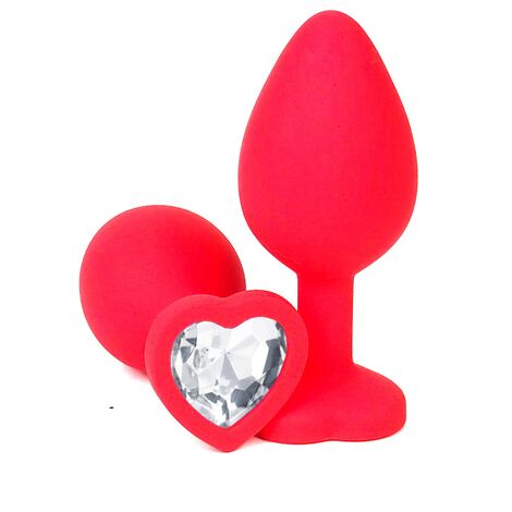 Анальная пробка красная силикон, сердце с белым кристалом, S