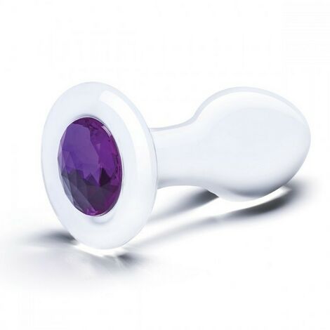 Стеклянная анальная пробка с фиолетовым стразом Glas 9 см., прозрачная