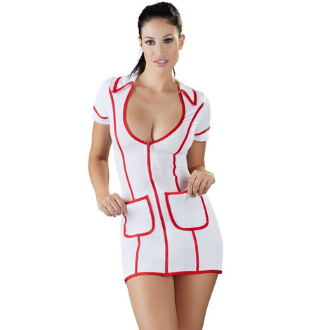 Эротический костюм платье медсестры с глубоким декольте Cottelli Collection, красно-белый - М