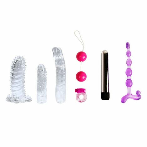 Набор Fantasy Kit (вибратор с насадками, эрекционное кольцо, шарики, цепочка), разноцветный
