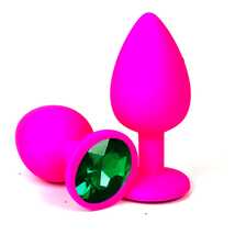 Розовая силиконовая пробка с зеленым кристаллом - L