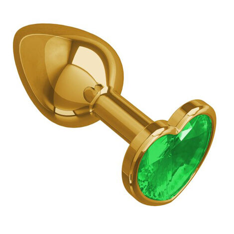 Анальная втулка малая Gold с зеленым кристаллом в форме сердечка, золотистая