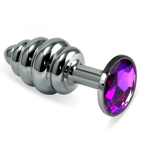 Анальная пробка металл, рельеф, с фиолетовым кристаллом - M
