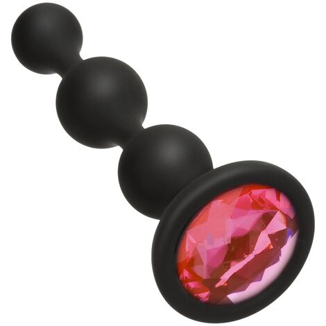 Анальная пробка с шариками с ярко-розовым кристаллом, чёрная