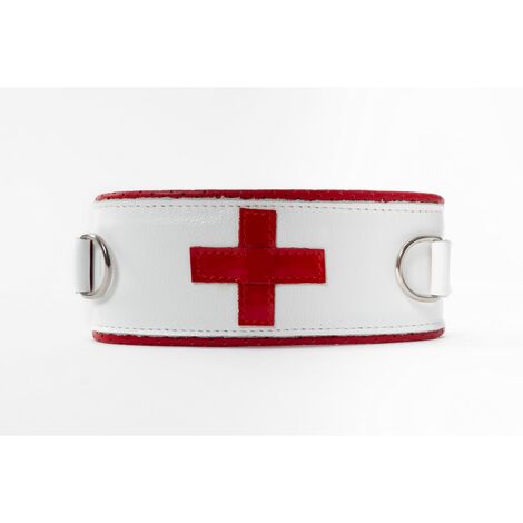 Ошейник медсестры с крестом и двумя D-образными кольцами Джага-Джага, красно-белая