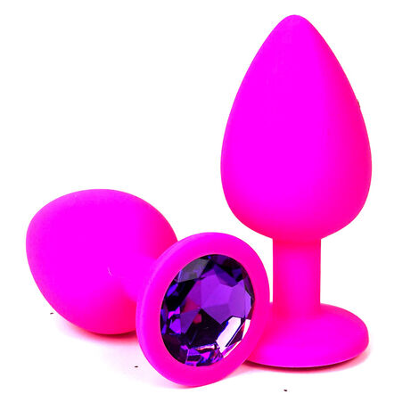 Розовая силиконовая пробка с фиолетовым  кристаллом - M