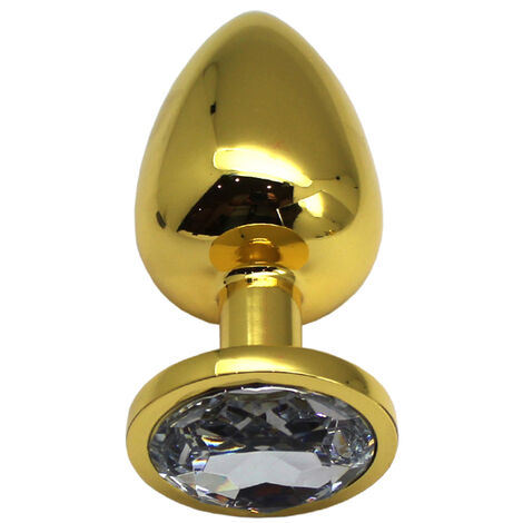 Анальная пробка алюминиевая с белым кристаллом PentHouse 9 х 4 см., золотистая