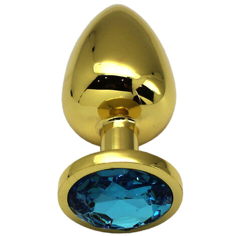 Анальная пробка алюминиевая с голубым кристаллом PentHouse 4 х 9 см., золотистая