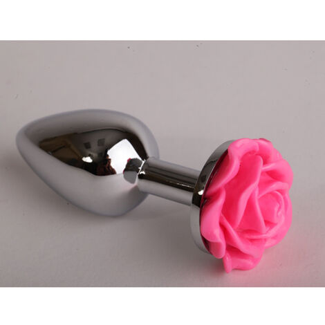 Анальная пробка металл с розой, ярко-розовая