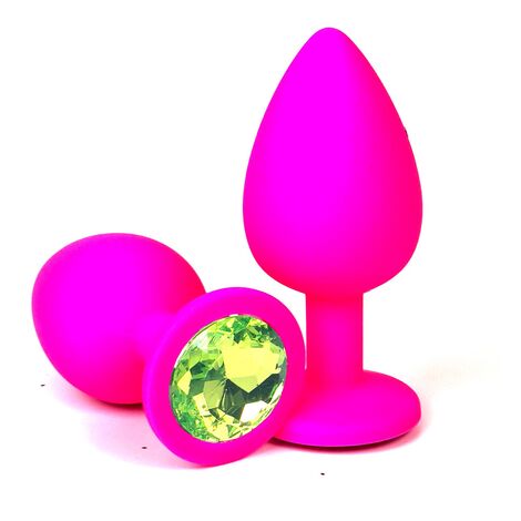 Розовая силиконовая пробка со светло-зеленым кристаллом - M