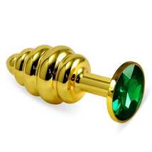 Анальная втулка Gold Spiral с зеленым кристаллом, золотистая