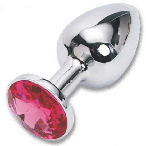 Большая серебристая анальная пробка с ярко-розовым кристаллом - L