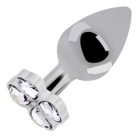 Пробка анальная с белыми стразами в форме цветка Rich Lucky Diamond Plug 2.75, серебристая