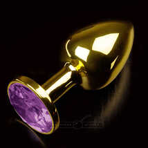 Анальная пробка с круглым кончиком и фиолетовым кристаллом, золотистая