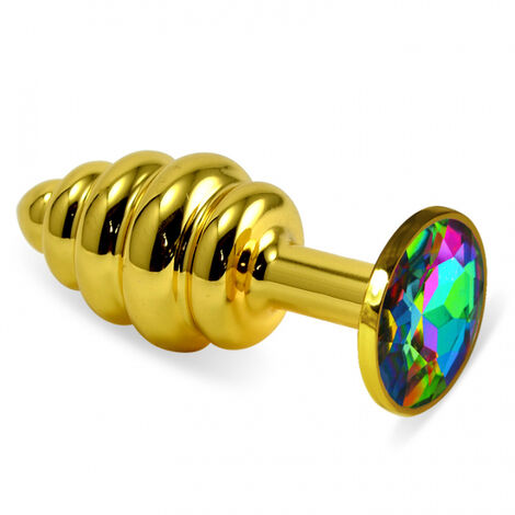 Анальная пробка металл, рельеф, золотистая с разноцветным кристаллом - S