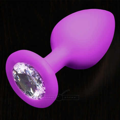 Анальная пробка из силикона с белым кристаллом маленькая 7,5 см., фиолетовая