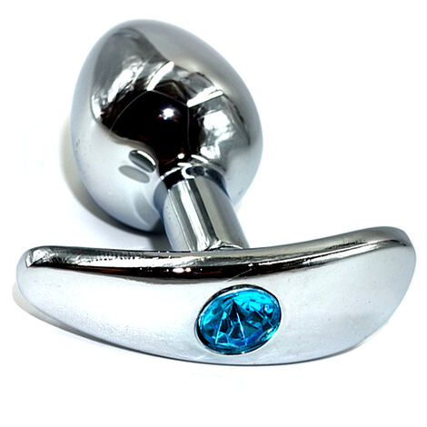 Анальная пробка для ношения из алюминия с гладкой ножкой и голубым кристаллом, серебристая - S