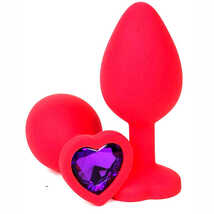 Анальная пробка красная силикон, сердце с фиолетовым кристалом - M