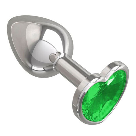 Анальная втулка малая Silver с зеленым кристаллом в форме сердечка, серебристая