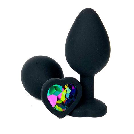 Анальная пробка чёрная силикон, сердце с разноцветным кристаллом, S
