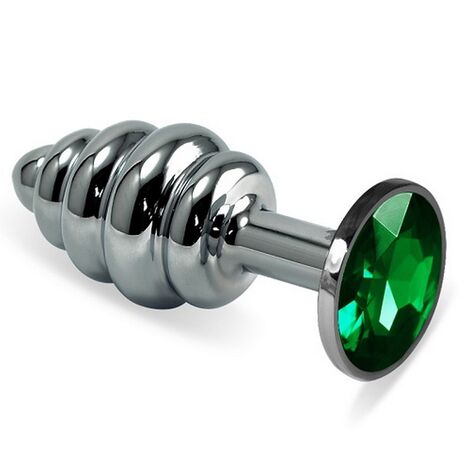 Анальная втулка Silver Spiral с зеленым кристаллом, серебристая