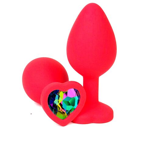 Анальная пробка красная силикон, сердце с разноцветным кристалом, M