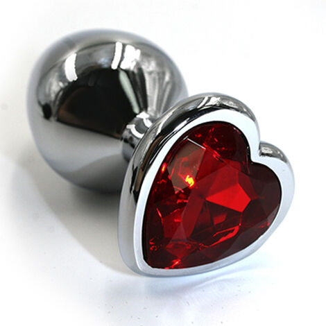 Анальная пробка из алюминия с красным стразом в форме сердечка размер L, серебристая