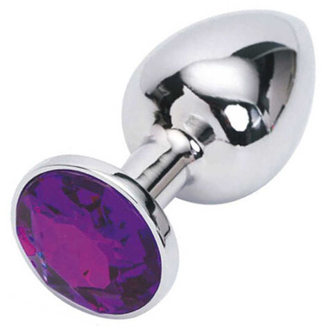 Большая серебристая анальная пробка с фиолетовым кристаллом - L
